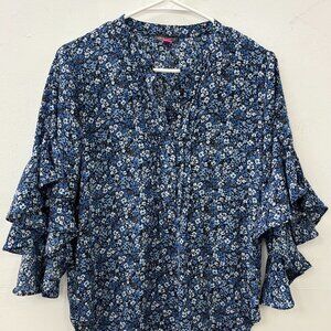 Blue & Black Floral with Ruffle Sleeve and Half Button